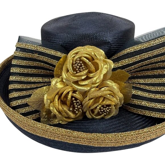 Mr John Classic Church Hat Blue And Gold Floral Bow Embellishments Wide Brim - Picture 3 of 11